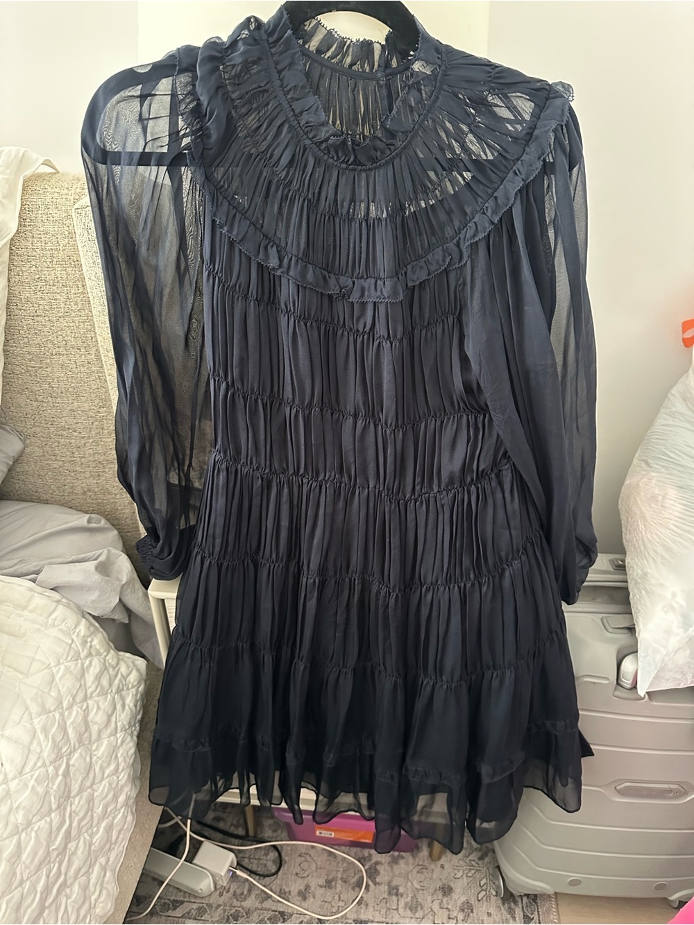Ulla Johnson Navy Emmeline Ruffled High-Neck Long-Sleeve Tiered Dress